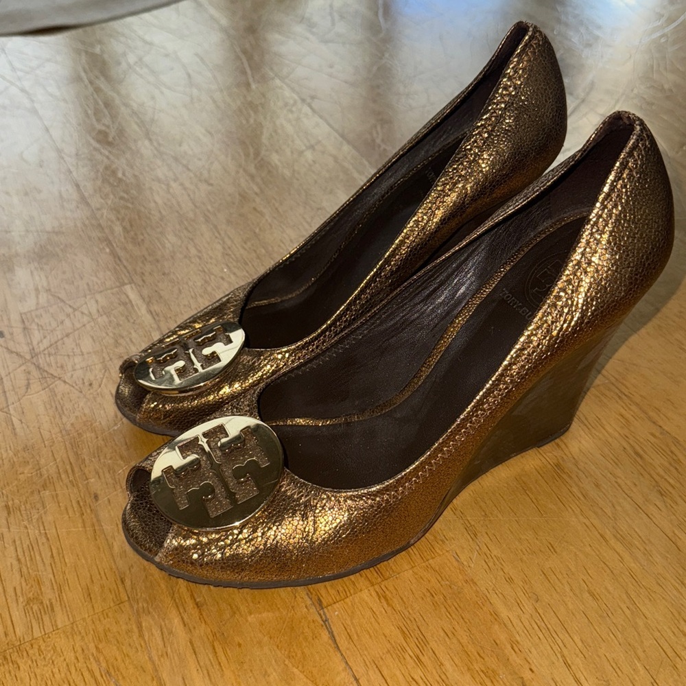 Tory Burch Metallic Bronze Peep-Toe Wedges